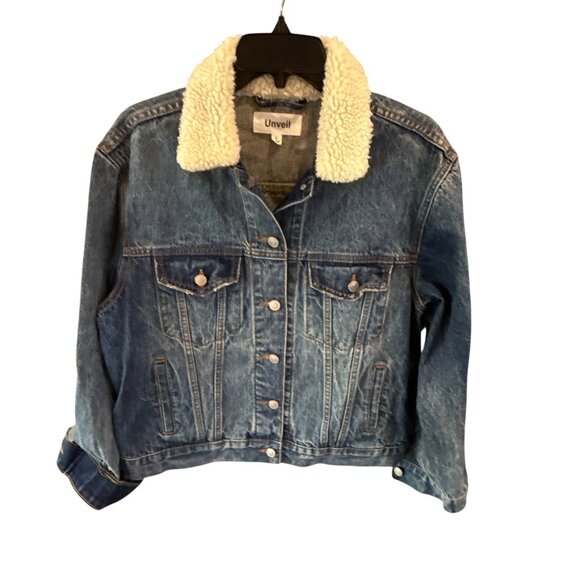 Vintage Unveil Sherpa Lined Denim Jacket Size L Faux Shearling Collar Streetwear - Picture 1 of 9